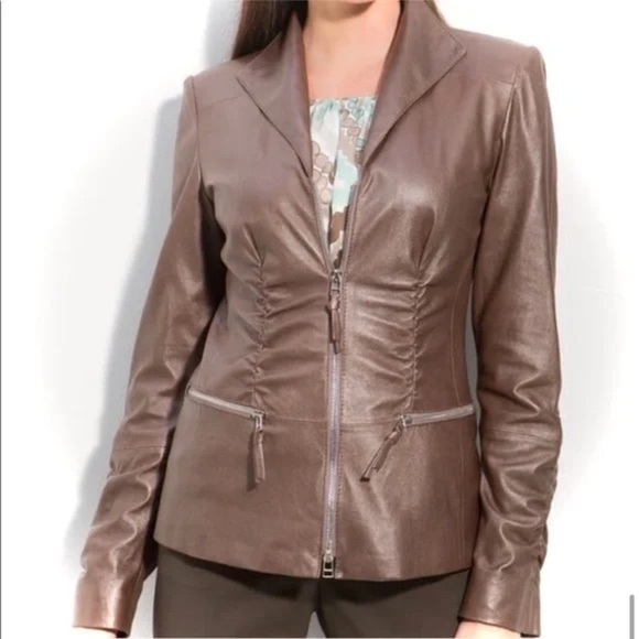 Lafayette 148 Brown Ruched Leather Blazer Jacket